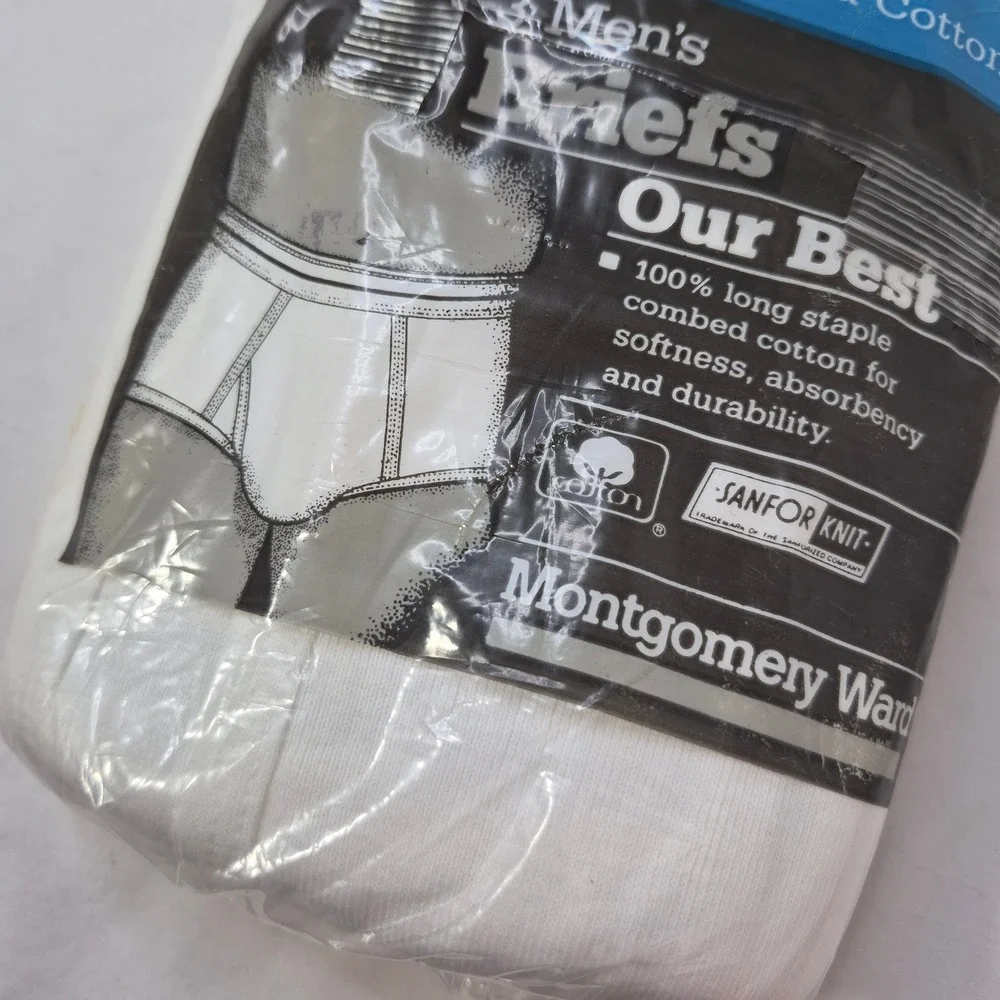 Montgomery Ward Briefs Mens XL 42-44 White 3-Pack Cotton Blue Gray Line‎ VTG New
